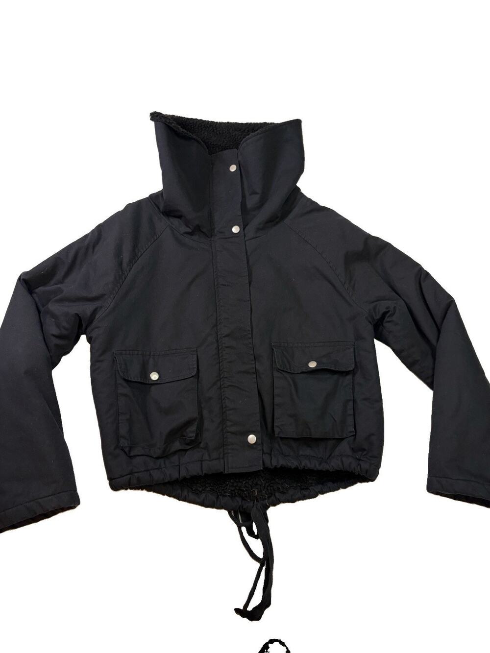 UNIF Jacket Women’s Medium Sherpa Lined Utility Cargo Black Full Zip Coat